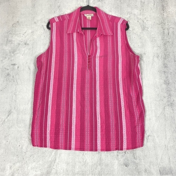 Carroll Reed Sleeveless Top Sz 1X Cotton Pink Seersucker Popover V Neck - Picture 1 of 9